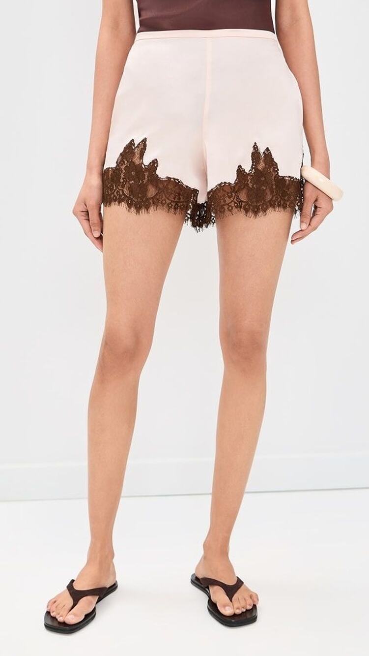 NWT Reformation Fern Pink Satin Brown Lace Shorts Size L